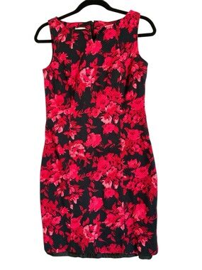 Talbots Black Midi Dress with Red Floral Print